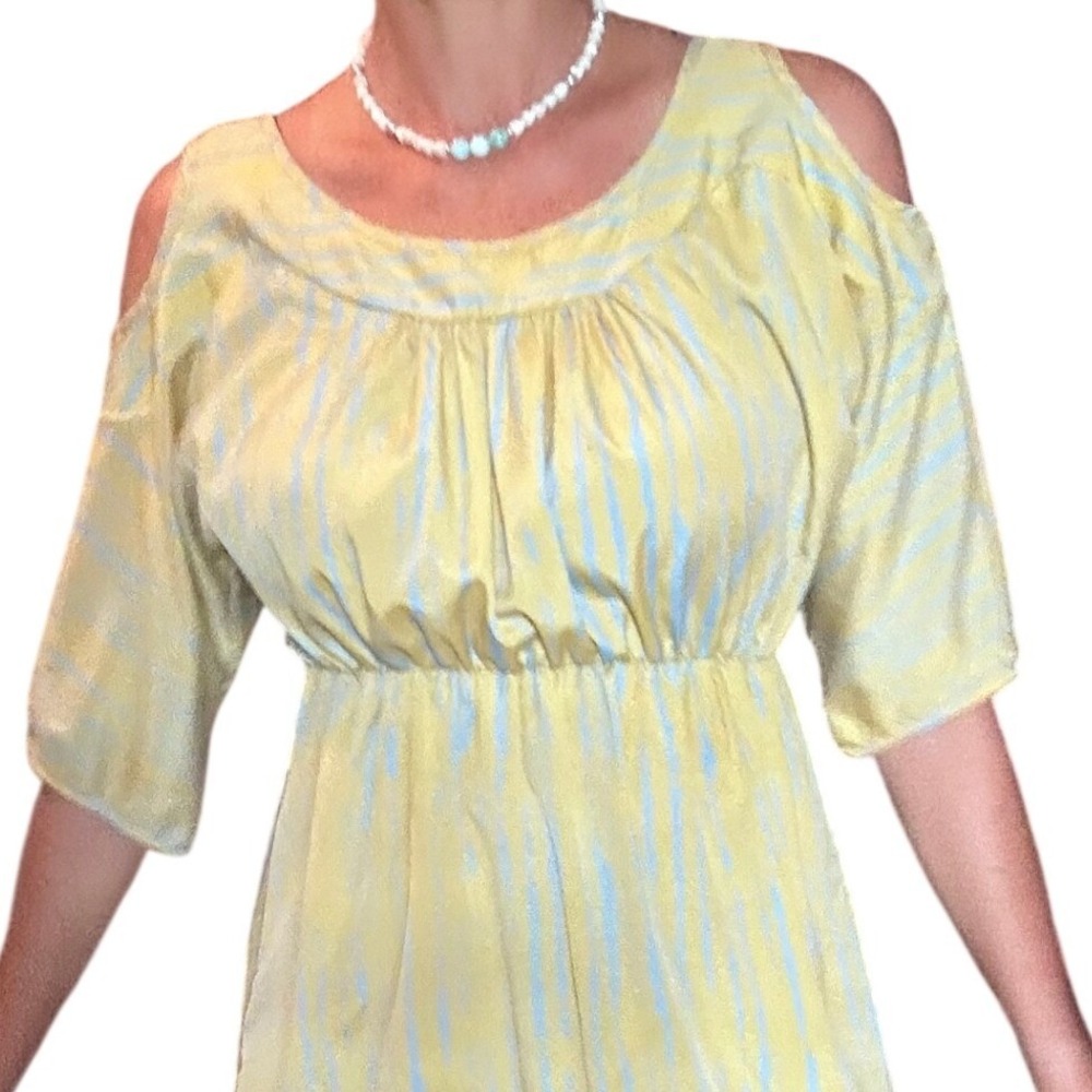 Traciel Womens Yellow Blue Striped Cold Shoulder Empire Waist Mini Dress Large - Picture 8 of 9